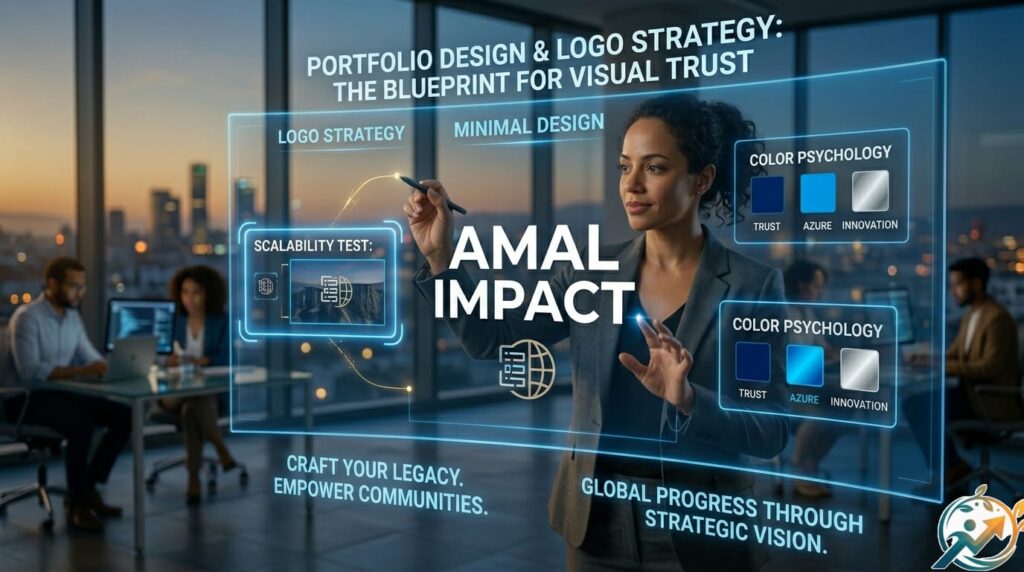 A professional woman interacting with a transparent holographic interface titled "Portfolio Design & Logo Strategy," displaying brand elements like color psychology, scalability tests, and the Amal Impact blueprint for visual trust