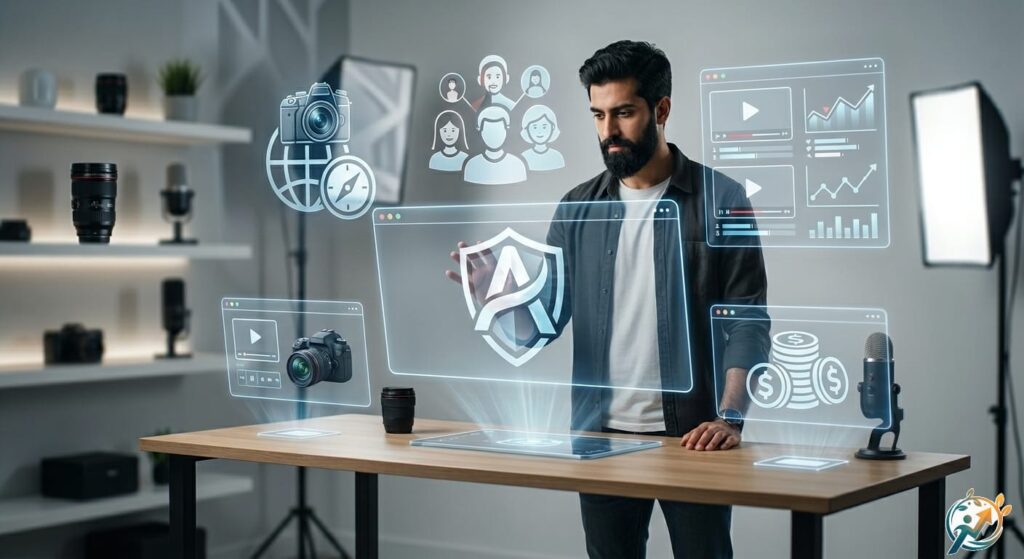 Professional content creator visualizing a high-authority YouTube niche architecture with digital overlays of video analytics and WordPress integration for AmalImpact