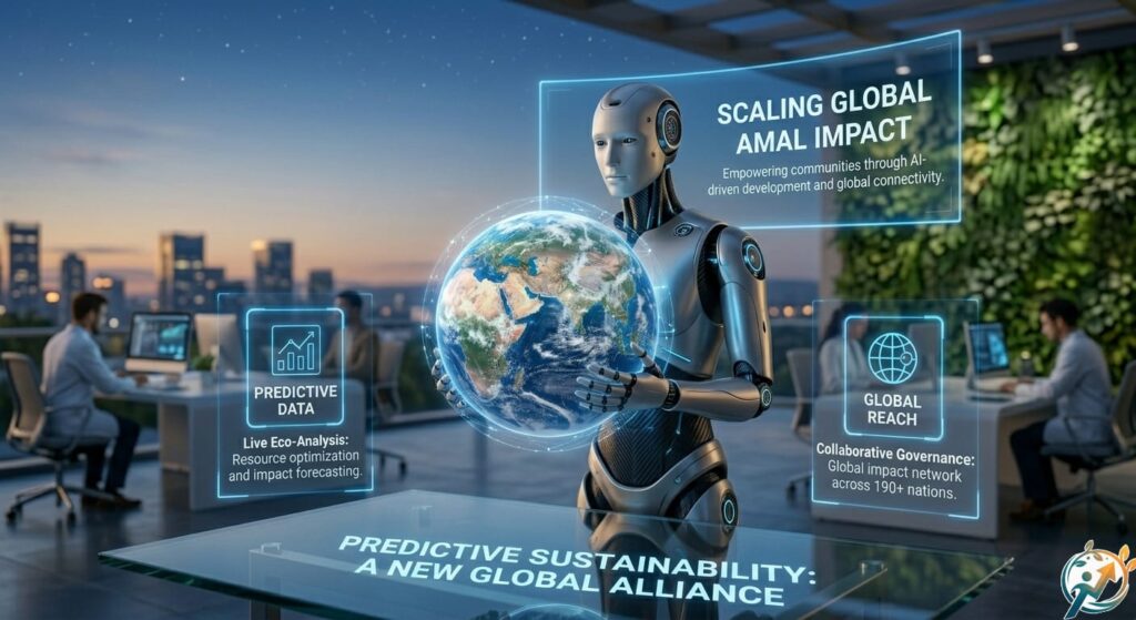 Futuristic AI holding a digital globe to illustrate predictive sustainability and global impact for AmalImpact