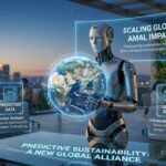 Futuristic AI holding a digital globe to illustrate predictive sustainability and global impact for AmalImpact