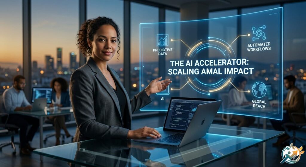 Professional tech entrepreneur using AI tools to scale Amal Impact platform