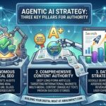 Infographic detailing Agentic AI Strategy with three pillars: Autonomous Technical SEO, Comprehensive Content Authority, and Data-Driven Strategic Growth for digital authority.