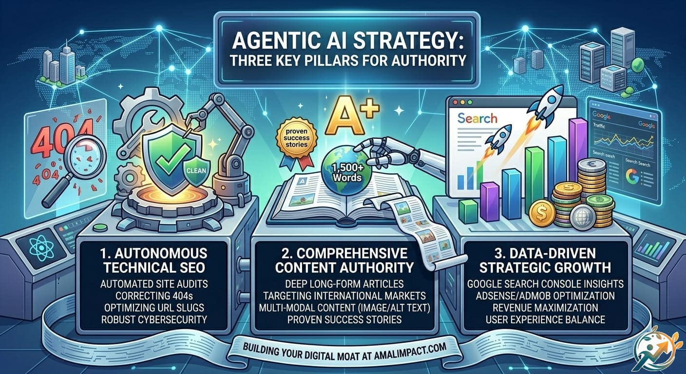 Infographic detailing Agentic AI Strategy with three pillars: Autonomous Technical SEO, Comprehensive Content Authority, and Data-Driven Strategic Growth for digital authority.