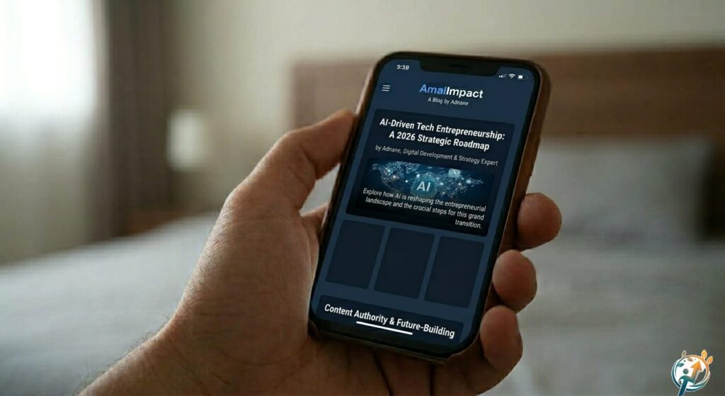 A smartphone displaying a professional tech blog titled AmalImpact with an article about AI-Driven Tech Entrepreneurship in 2026