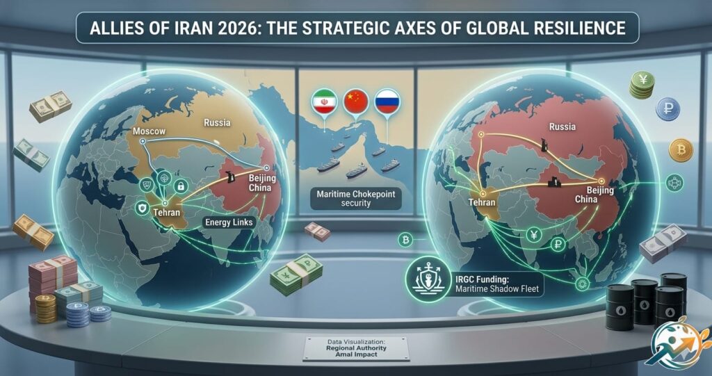 Comprehensive infographic of Allies of Iran 2026 showing the geopolitical alliance with China and Russia, including IRGC funding and energy routes