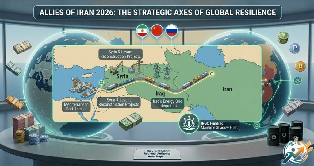A strategic map showing the Allies of Iran 2026 land bridge connecting Tehran to Baghdad, Damascus, and the Mediterranean Sea with infrastructure projects by Amal Impact