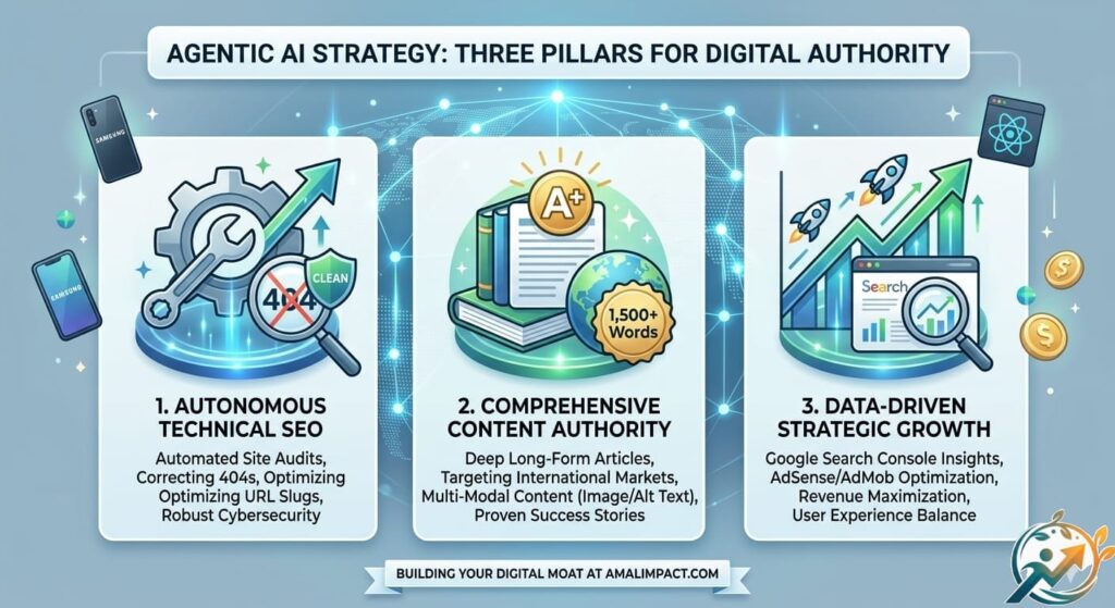 An infographic titled Agentic AI Strategy : Three Pillars for Digital Authority' illustrating three main sections: 1. Autonomous Technical SEO (automated audits and fixing 404 errors), 2. Comprehensive Content Authority (long-form articles over 1,500 words), and 3. Data-Driven Strategic Growth (Google Search Console and AdSense/AdMob optimization)