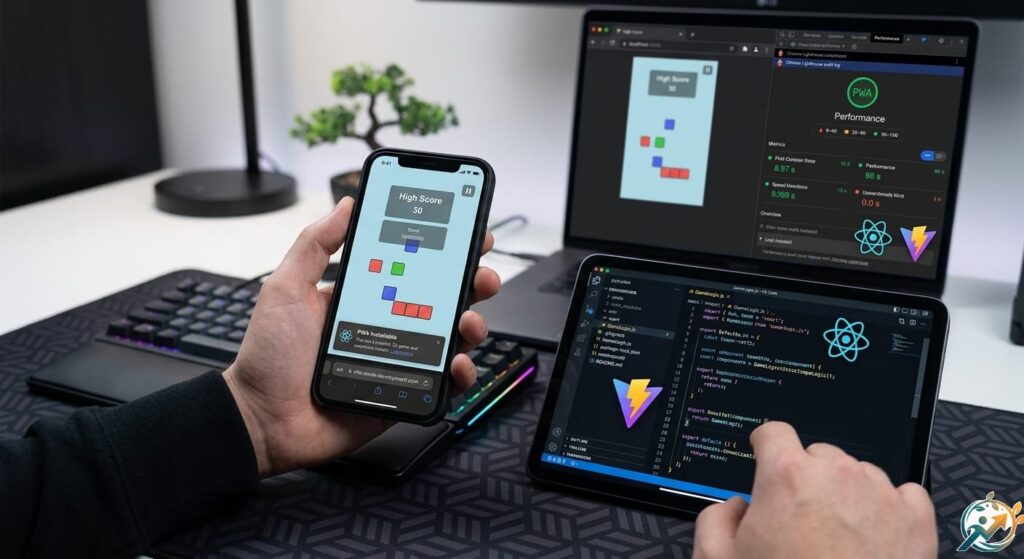 Close-up of a developer inspecting React source code for a modern web game on a tablet