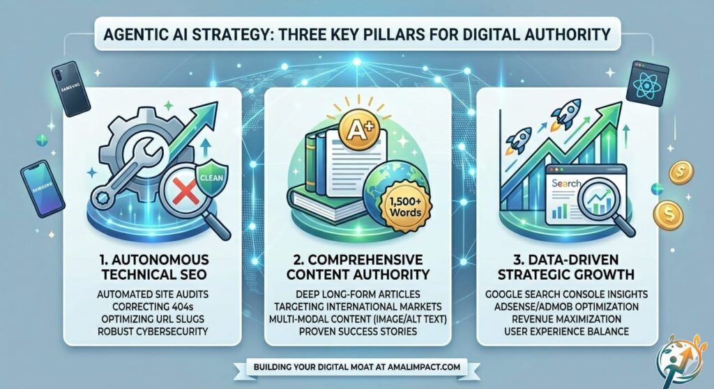 Infographic for Agentic AI Strategy on AmalImpact.com showing three pillars: 1. Autonomous Technical SEO for site audits and 404 correction, 2. Comprehensive Content Authority for articles over 1,500 words, and 3. Data-Driven Strategic Growth focusing on AdSense and Google Search Console optimization