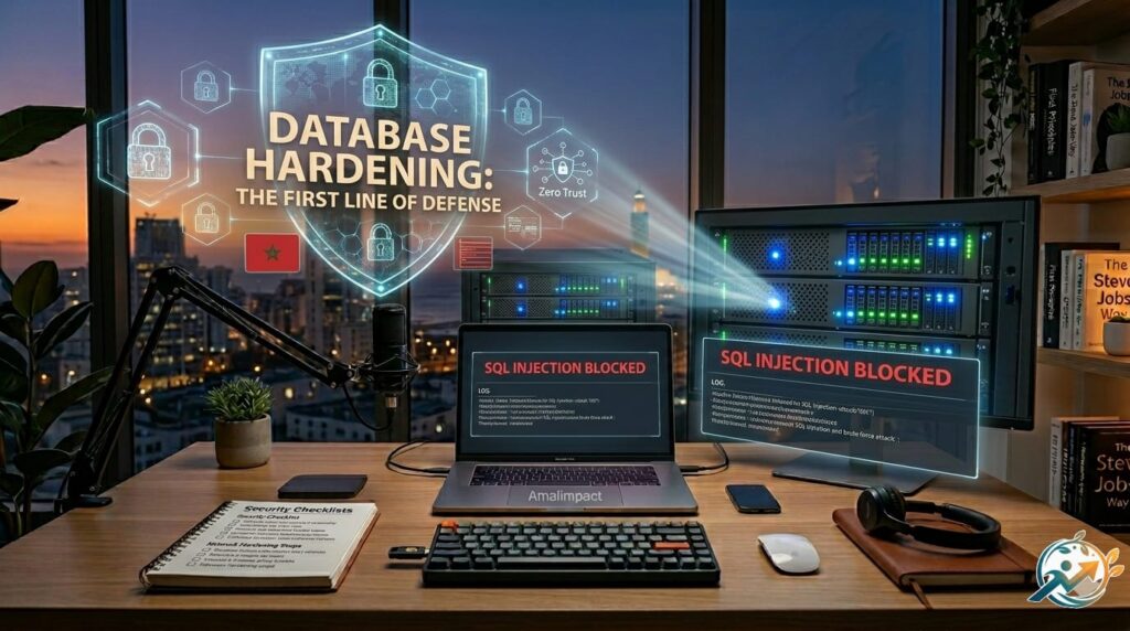in Tech Website Security A focused close-up on the hardened database server and console from image_9.png, where a dynamic security beam physically reinforces the hardware, and a transparent interface screen on the console clearly displays 'SQL INJECTION BLOCKED' in red text, against the blurred Casablanca skyline