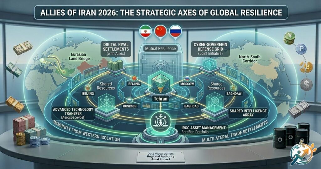 A futuristic data visualization of the Allies of Iran 2026 outlook, featuring digital riyal settlements, cyber-defense grids, and advanced technology transfers in a multipolar world by Amal Impact