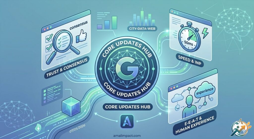 An explanatory chart showing the core updates hub for Google search algorithms, focusing on Trust, E-E-A-T, and Speed