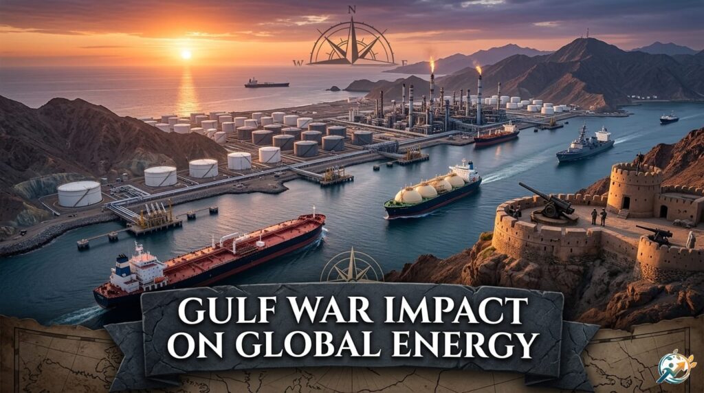 Oil tankers and energy infrastructure in the Gulf illustrating the impact of regional war on global energy markets