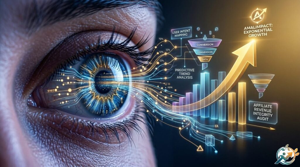 A radical, minimalist 3D concept visualization of a Data-Driven Digital Strategy, deviating entirely from standard office settings. The focus is a dramatic close-up of the Moroccan woman entrepreneur's face (the same person) from image_0.png, seen in deep concentration. Her left eye is depicted with a highly complex, glowing integrated optical network within the iris, processing a stream of raw, golden data. This network projects a detailed, three-dimensional blueprint that forms into complex business metrics and a rising AmalImpact profit arrow