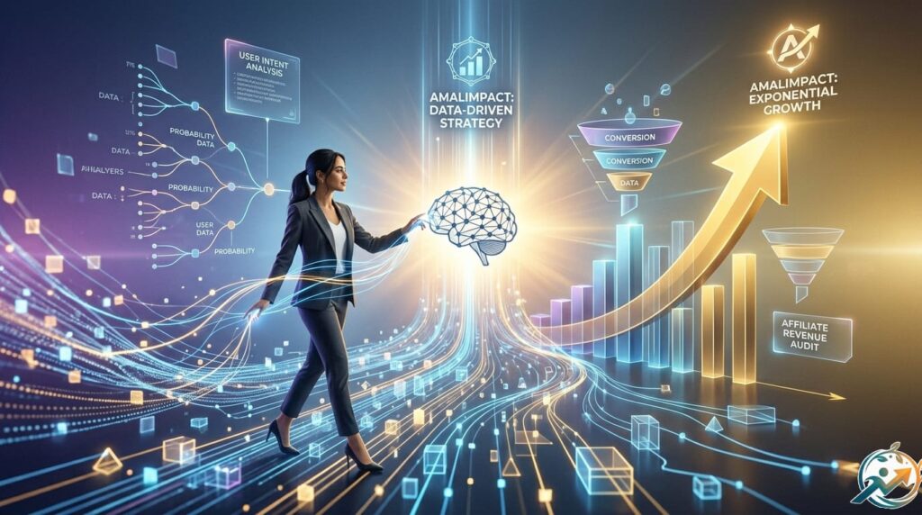 A radical, minimalist 3D concept visualization of a Data-Driven Digital Strategy, deviating entirely from standard office settings. The focus is a dramatic close-up of the Moroccan woman entrepreneur's face (the same person) from image_0.png, seen in deep concentration. Her left eye is depicted with a highly complex, glowing integrated optical network within the iris, processing a stream of raw, golden data. This network projects a detailed, three-dimensional blueprint that forms into complex business metrics and a rising AmalImpact profit arrow, completely filling the negative space around her, which represents the fusion of mind and machine against a clean, void background that shifts from cool blue to a warm, triumphant gold. No other elements from previous images are present