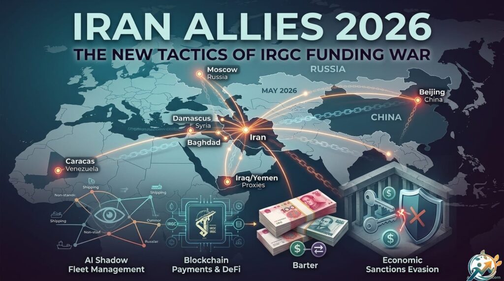 A strategic map showing Iran Allies 2026 and the digital tactics of the IRGC funding war