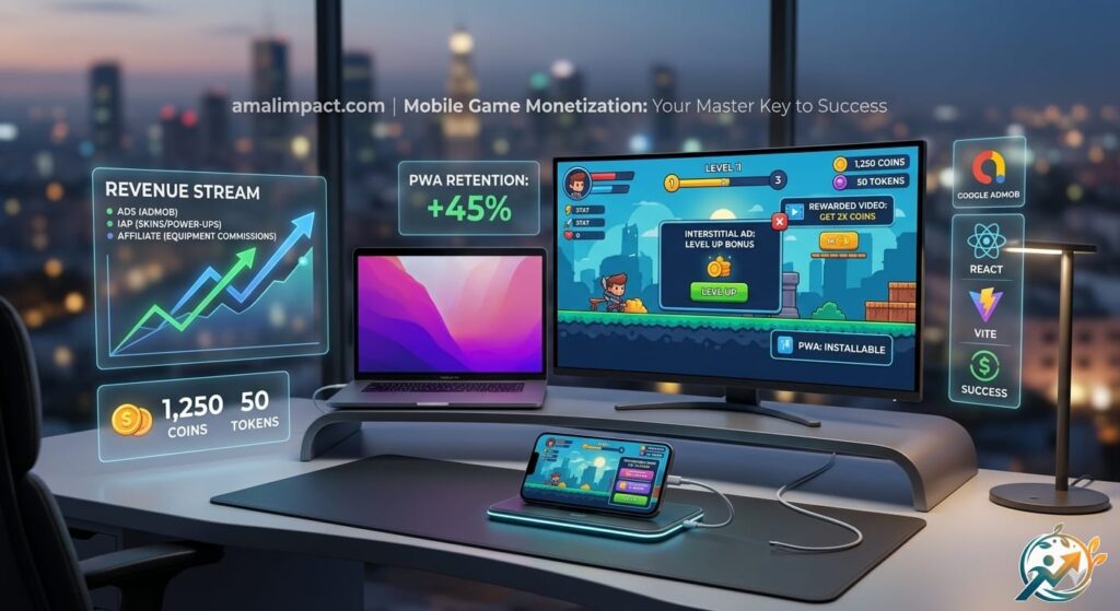 Professional developer's dual monitor desk setup in Morocco, showing a PWA game on screens and glowing holographic overlays displaying Google AdMob, In-App Purchase, and Affiliate revenue streams, plus performance metrics, summarizing mobile game monetization strategies