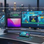 Professional developer's dual monitor desk setup in Morocco, showing a PWA game on screens and glowing holographic overlays displaying Google AdMob, In-App Purchase, and Affiliate revenue streams, plus performance metrics, summarizing mobile game monetization strategies
