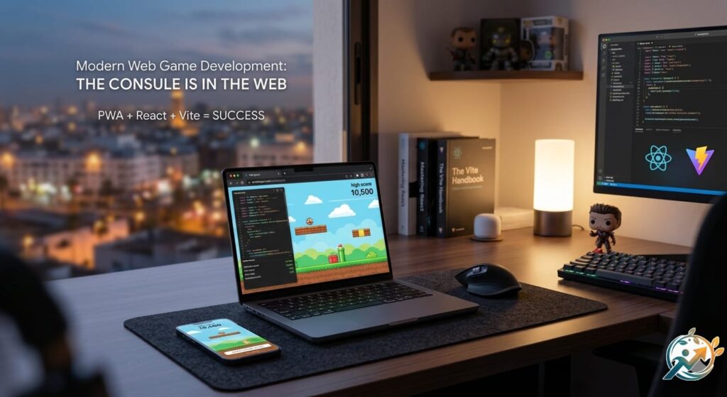 A professional developer's desk featuring a laptop and smartphone running a fast PWA game developed with React and Vite, illustrating modern web game development concept