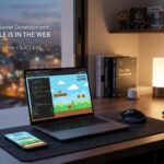 A professional developer's desk featuring a laptop and smartphone running a fast PWA game developed with React and Vite, illustrating modern web game development concept