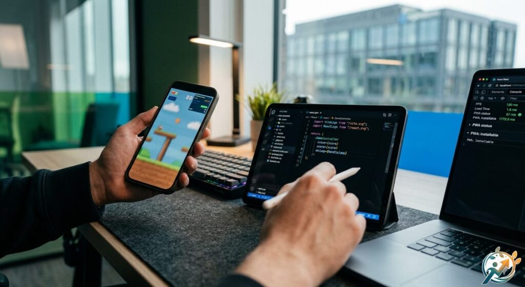 Professional workspace showing a PWA game built with React and Vite on a laptop and smartphone it's a Modern Web Game Development
