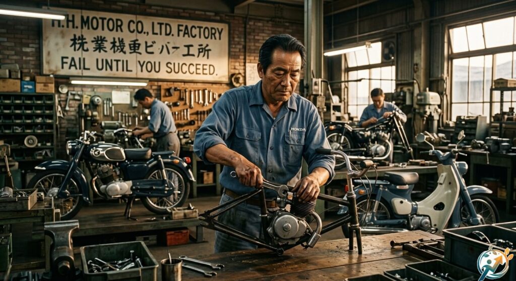 A high-quality historical-style image showing Soichiro Honda in his workshop, focused and covered in grease, manually assembling a small engine onto a bicycle frame. The background features vintage mechanical tools and early motorcycle prototypes, capturing the essence of the Honda success story and the spirit of persistence