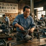 A high-quality historical-style image showing Soichiro Honda in his workshop, focused and covered in grease, manually assembling a small engine onto a bicycle frame. The background features vintage mechanical tools and early motorcycle prototypes, capturing the essence of the Honda success story and the spirit of persistence
