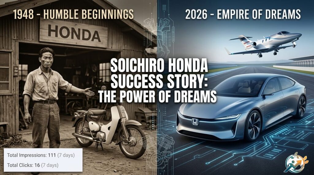 Infographic showing the evolution of Soichiro Honda success story from vintage Super Cub to 2026 electric cars
