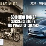 Infographic showing the evolution of Soichiro Honda success story from vintage Super Cub to 2026 electric cars