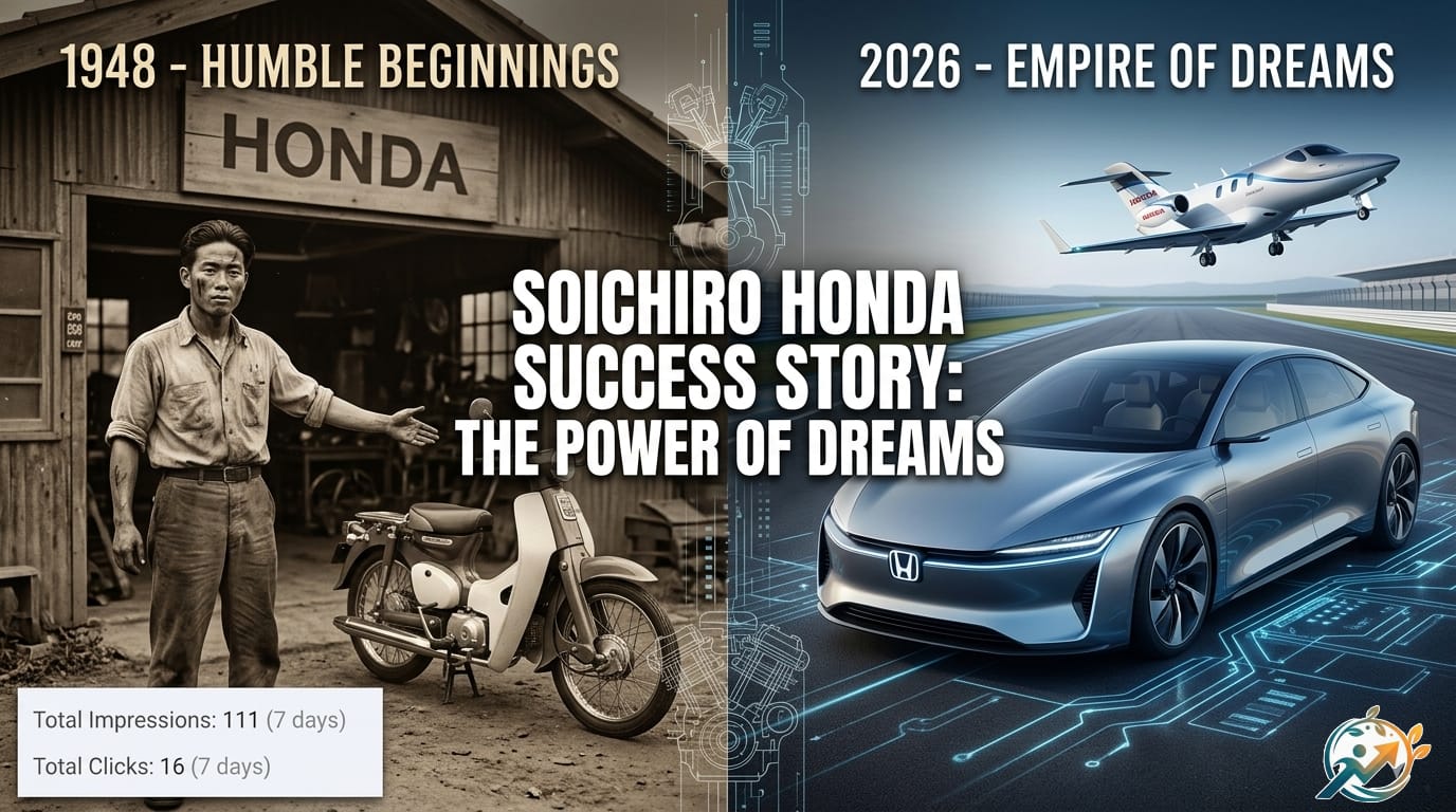 Infographic showing the evolution of Soichiro Honda success story from vintage Super Cub to 2026 electric cars