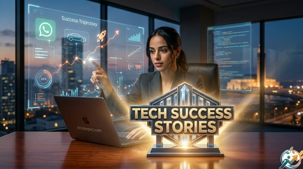 A woman entrepreneur in a modern office, symbolizing the journey from vision to a global tech empire