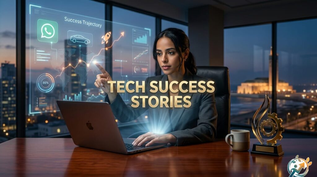 A striking view of the same woman entrepreneur in a Casablanca office, centered and bathed in triumphant light, pointing to a floating 'Success Trajectory' map featuring iconic tech symbols, while a large, polished metal and crystal emblem for 'Tech Success Stories' stands on the foreground desk, with the city and mosque sharply defined in the background