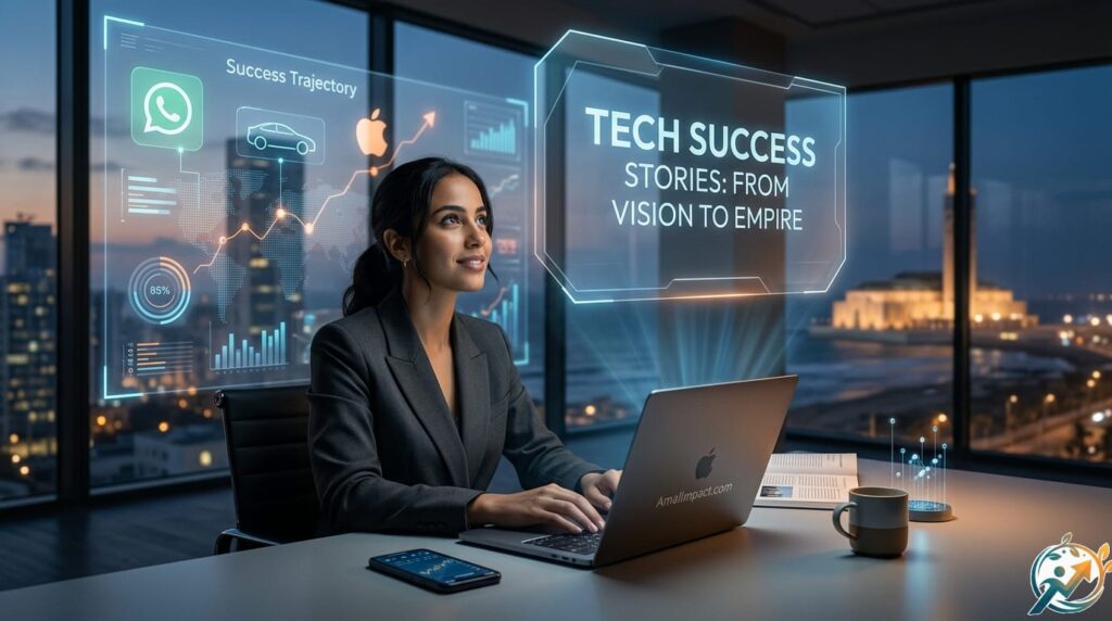 A woman entrepreneur in a Casablanca office analyzing floating holographic data on "Tech Success Stories," featuring icons for WhatsApp and electric cars, and a laptop with AmalImpact.com