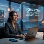 A woman entrepreneur in a Casablanca office analyzing floating holographic data on "Tech Success Stories," featuring icons for WhatsApp and electric cars, and a laptop with AmalImpact.com