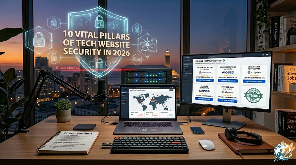A high-tech digital shield icon glowing over a professional computer setup in Casablanca, representing 'Tech Website Security' with holographic locks and data protection layers on the screen