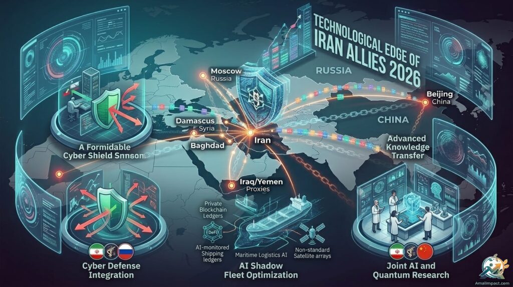 Infographic of the technological edge of Iran Allies 2026 showing cyber defense integration, AI shadow fleet optimization, and joint quantum research