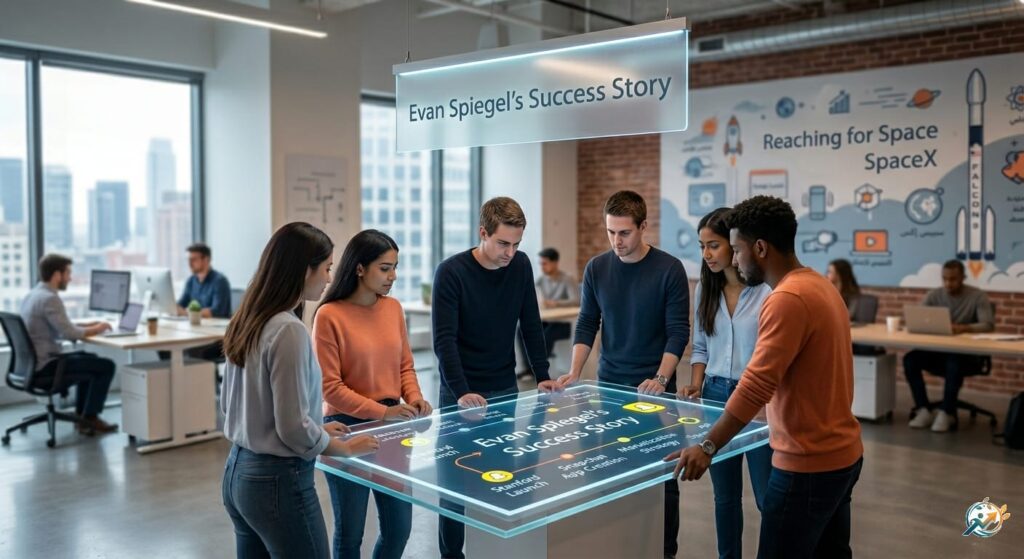 Evan Spiegel Success Story infographic showing Snap Inc tech innovation team in a modern workplace