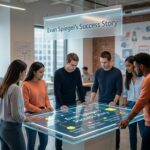 Evan Spiegel Success Story infographic showing Snap Inc tech innovation team in a modern workplace