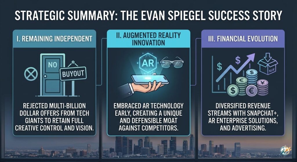 Strategic summary infographic of The Evan Spiegel success story outlining Snap Inc's business decisions, augmented reality innovation, and financial evolution